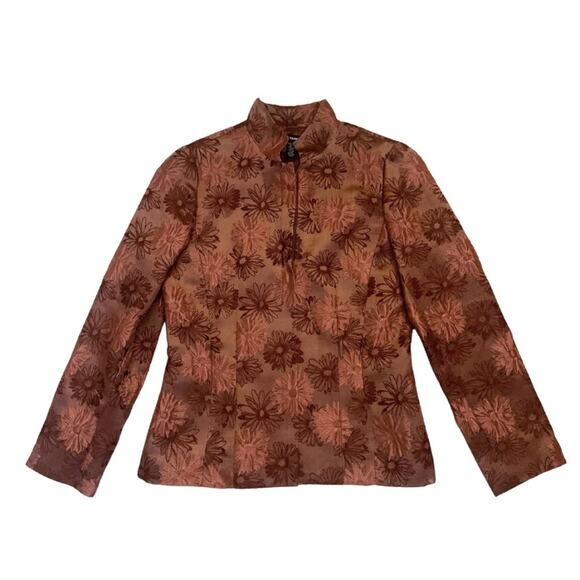 Brown Rust Ellen Tracy Floral Jacket Blazer Size 4 Petite Silk Wool Coat Vintage - Picture 1 of 11